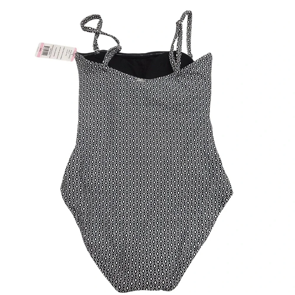DKNY Womens Geometric Diamond Print One Piece Swimsuit Black White Small - Picture 4 of 10